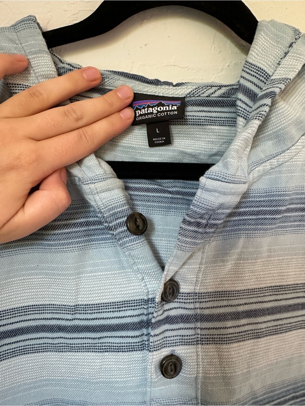 Patagonia Light Blue and Gray Striped Hooded Henley - Picture 2 of 5